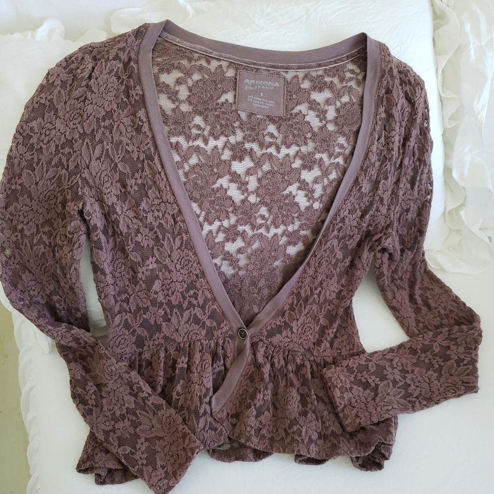 Short Lace Brown Jacket Top Small Soft Waist Ruffle Arizona Stretchy See Through